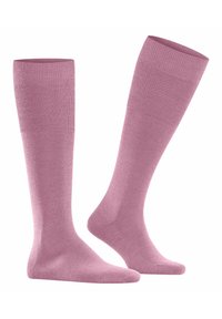 Calze alte fino al ginocchio di un morbido colore rosa, realizzate in un tessuto a maglia liscia, con un band in cima a coste e un design della punta senza cuciture per un maggiore comfort.