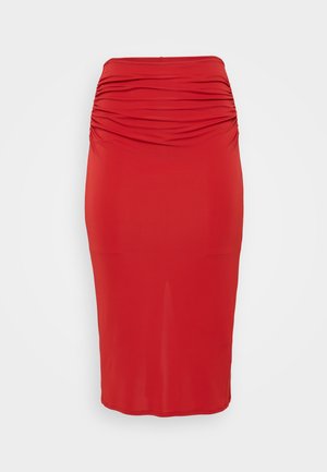 Red midi skirt made of stretchy fabric, featuring ruched detailing at the waist and a straight silhouette. Smooth texture, no visible fastenings.