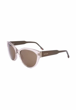 Occhiali da sole stile a occhi di gatto con montature leggere traslucide e aste marrone scuro, dotati di lenti marroni sfumate e logo Tom Tailor.