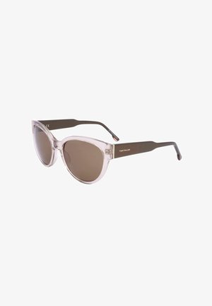 Occhiali da sole stile a occhi di gatto con montature leggere traslucide e aste marrone scuro, dotati di lenti marroni sfumate e logo Tom Tailor.