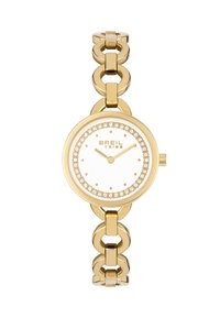 Guldur med rund urskive, hvid skive og krystallys. Armbåndet har store sammenlåsende led for et markant design.