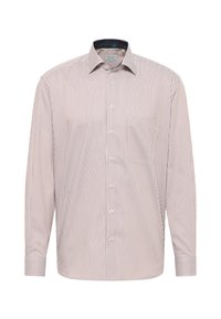 Heren overhemd met lange mouwen, knoopsluiting, roze en witte verticale strepen, een borstzak en een klassieke kraag.