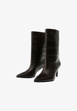 Black leather ankle boots with a croc-embossed texture, pointed toe, and 3-inch stiletto heel for a sleek silhouette.