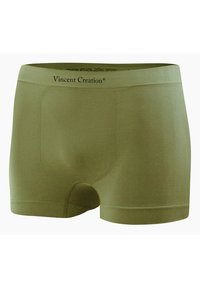 Pantaloni boxer verde oliva realizzati in tessuto morbido, con un design aderente, una tasca frontale rinforzata e un cinturino con marchio "Vincent Creation."