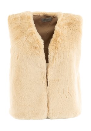 Chaleco sin mangas de pelo sintético beige con abertura frontal y forro interior suave, etiqueta que dice "Molly Bracken" en el cuello.