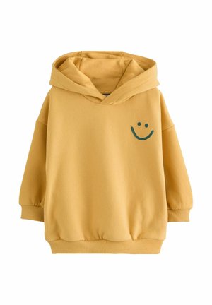 Gelber Kapuzenpullover aus weicher Stoffqualität mit einem grünem Smile-Gesicht-Print auf der Brust. Verfügt über gerippte Bündchen und Saum.