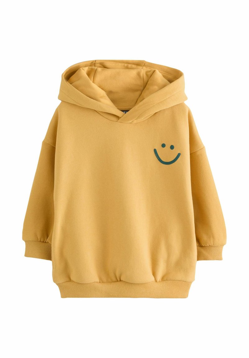 Gelber Kapuzenpullover aus weicher Stoffqualität mit einem grünem Smile-Gesicht-Print auf der Brust. Verfügt über gerippte Bündchen und Saum.