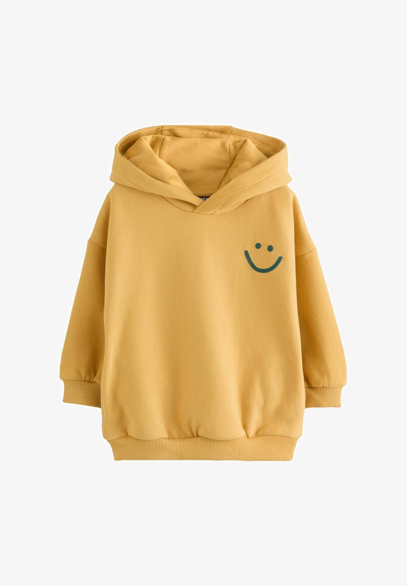 Gelber Kapuzenpullover aus weicher Stoffqualität mit einem grünem Smile-Gesicht-Print auf der Brust. Verfügt über gerippte Bündchen und Saum.