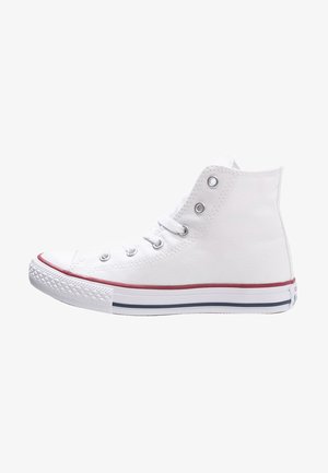 White high-top canvas sneaker with rubber soles, silver eyelets, and a red and blue striped midsole. Classic round toe design.