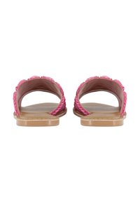 Rózsaszín lapos szandálok fonott felső résszel, nyitott háttal és sima bézs talprésszel. Könnyű talp, varrott szélekkel.