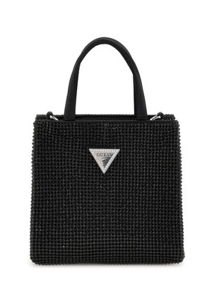 Borsa nera caratterizzata da una superficie testurizzata con decorazioni circolari, manici corti e un logo triangolare argentato con strass.