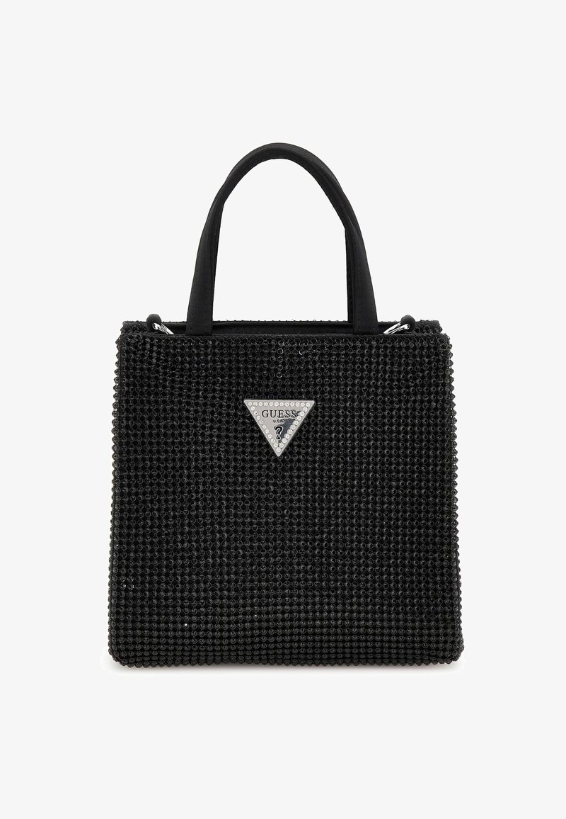 Borsa nera caratterizzata da una superficie testurizzata con decorazioni circolari, manici corti e un logo triangolare argentato con strass.