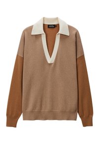 Pull à col en V avec un col contrasté blanc. Confectionné en tissu tricoté dans des blocs de couleurs beige et marron, avec des poignets côtelés.