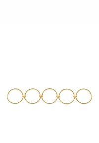 Goldfarbener Armband mit fünf verbundenen runden Ringen, ausgestattet mit einer glatten, polierten Oberfläche und einem minimalistischen Design. Keine zusätzlichen Verzierungen.
