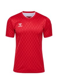 Maillot de sport Hummel rouge à manches courtes, avec un motif en losanges texturé, un col rond avec une bordure blanche, et un logo sur la poitrine.