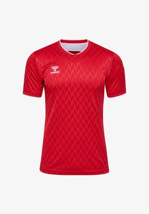 Rotes Hummel-Sporttrikot mit kurzen Ärmeln, das ein strukturiertes Rautenmuster aufweist, einen runden Hals mit einem weißen Rand hat und ein Logo auf der Brust trägt.