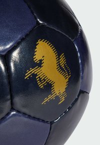 Pallone da calcio blu navy realizzato in pelle sintetica, con logo di un cavallo dorato. Texture liscia con distinti pannelli esagonali e cuciture.