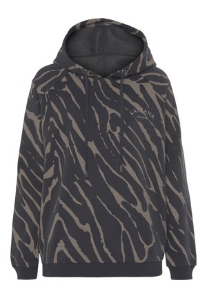 Hoodie in donkergrijs met een tijgerstrepenpatroon in lichtbruin, voorzien van een trekkoord, geribbelde manchetten en een logo op de borst.