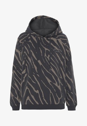 Hoodie in donkergrijs met een tijgerstrepenpatroon in lichtbruin, voorzien van een trekkoord, geribbelde manchetten en een logo op de borst.