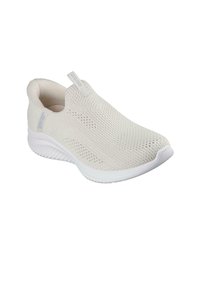 Zapatilla ligera blanca de tipo slip-on, hecha de material de punto transpirable. Presenta una superficie texturizada y una suela flexible con acentos acanalados.