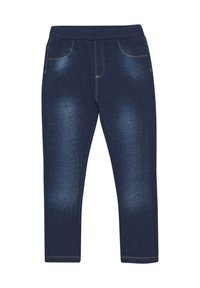 Marineblauwe stretchbroek met een zachte denimtextuur, voorzien van een soepele tailleband, voorzakken en lichte vervagingdetails op de bovenbenen.