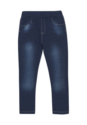 Marineblaue dehnbare Hose mit weichem Denim-Texture, ausgestattet mit einem glatten Bund, Fronttaschen und leichten Ausbleichungen an den Oberschenkeln.