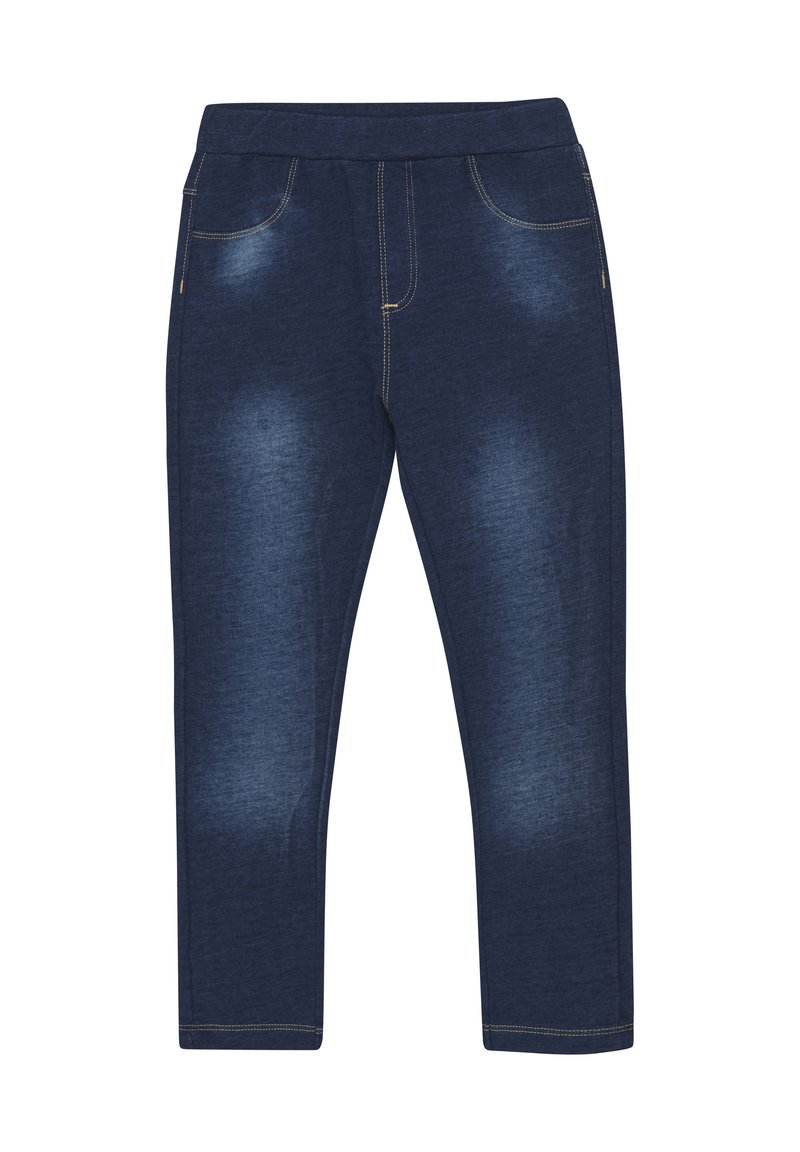 Marineblauwe stretchbroek met een zachte denimtextuur, voorzien van een soepele tailleband, voorzakken en lichte vervagingdetails op de bovenbenen.