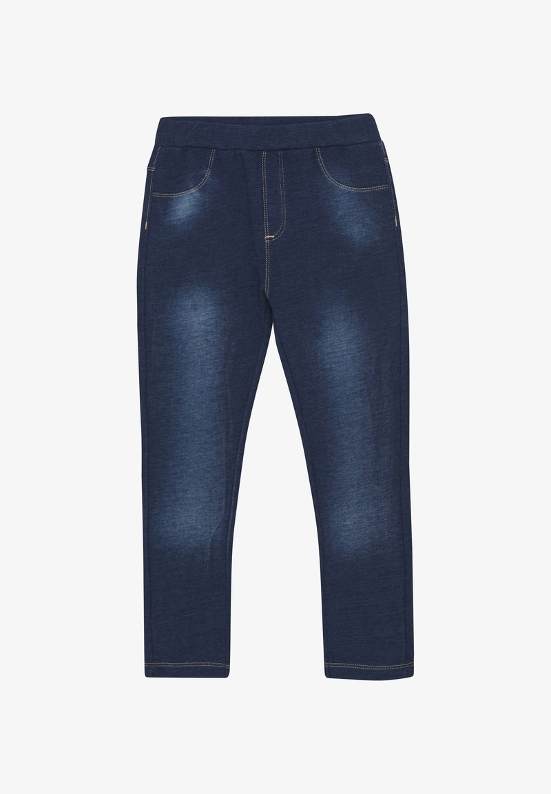 Pantalons de sport en denim extensible bleu marine avec une texture douce, dotés d'une taille lisse, de poches avant et de détails de décoloration légère sur les cuisses.