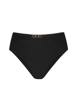 Czarny bikini z wysokim stanem wykonany z prążkowanej tkaniny. Posiada trzy złote pierścienie na przednim pasie. Gładka tekstura i wystrukturyzowany kształt.