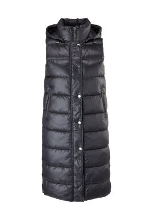 Long manteau noir rembourré sans manches avec fermeture éclair, boutons-pression, poches latérales et capuche avec cordons de serrage.