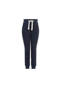 Navyblaue Sweatpants aus weichem Material mit elastischem Bund und Kordelzug. Sie verfügen über gerippte Bündchen und ein kleines Logopatch.