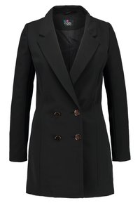 Czarna dwurzędowa marynarka z gładkiej tkaniny z klapami z wycięciami i okrągłymi miedzianymi guzikami; dopasowany krój z długimi rękawami i smukłą sylwetką.