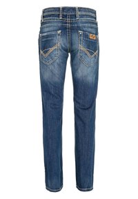 Blauwe denim jeans met een slim fit, voorzien van achterzakken met contrasterende stiksels en een leren merkpatch nabij de tailleband.