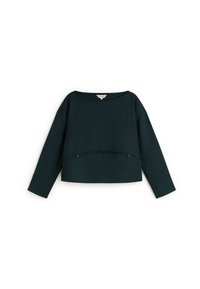Dunkelgrüner, verkürzter Sweatshirt mit weitem Halsausschnitt, langen Ärmeln und dekorativen Knopfdetails entlang der Taille. Glatte Textur, lässiges Design.