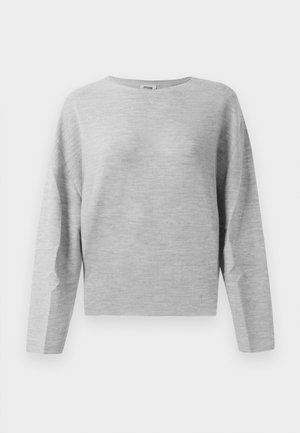 Light gray long-sleeve knit sweater with a round neckline and relaxed fit, displayed against a plain white background.