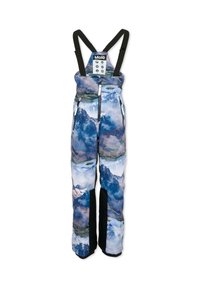 Skibroek met een blauw, berglandschapprint, zwarte zijpanelen, verstelbare banden en voorzakken met rits. Waterdichte stof.