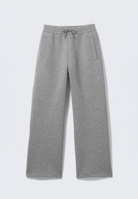 Gray sweatpants made of soft, textured fabric. Feature a drawstring waistband and two side pockets, with a wide-leg cut.