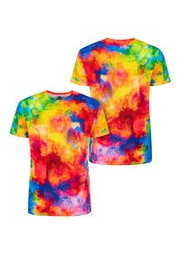 Korte mouwen T-shirt met een levendig tie-dye patroon in rood, geel, groen, blauw en oranje tinten, gemaakt van zachte katoen.