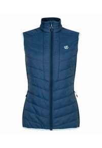 Marineblauer gepolsterter Weste mit hohem Kragen, zentralem Reißverschluss, vertikalem Steppmuster und seitlichen Taschen mit Reißverschluss.