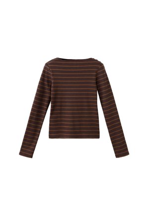 Chemise marron à manches longues avec fines rayures horizontales marron foncé, col rond et coupe droite, vue de dos.
