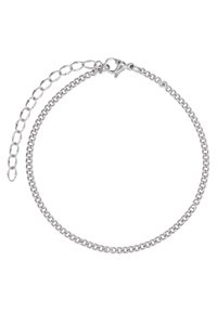Bracciale in metallo argento con chiusura a moschettone, caratterizzato da catene collegate di dimensioni varie e una catena di estensione per lunghezza regolabile.