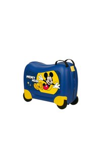 Maleta de hard-shell en azul y amarillo, con un personaje de dibujos animados. Incluye un asa, ruedas y una superficie lisa con acentos gráficos.