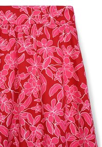 Roter Stoffrock mit einem lebhaften pinken Blumenmuster und weißen Umrissen. Das Design umfasst Blätter und Blumen, die einen strukturierten Look erzeugen.