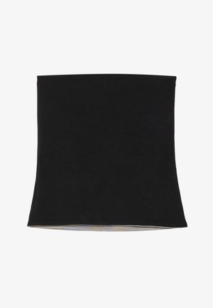 Črni tkaninski senčnik v obliki zvona, gladke teksture in rahlo sijajne notranje obloge. Robovi so čisto dokončani brez vidnih šivov.