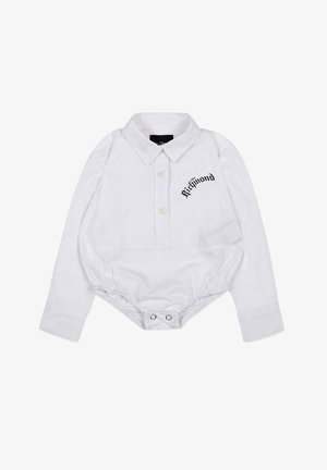 Body bébé blanc à manches longues avec col, boutons sur le devant, pressions à l'entrejambe et inscription "Richmond" sur la poitrine.