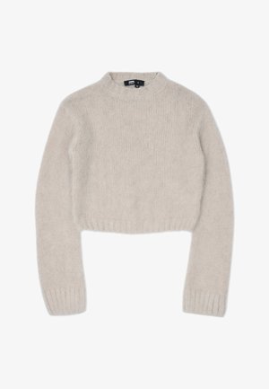 Lichtgrijze, korte trui met een ronde halslijn, lange mouwen en geribde boorden. Gemaakt van zacht, gebreid materiaal met een gestructureerde afwerking.