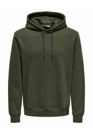 Olijfgroen hoodie met een kangoeroezak, verstelbare trekkoordcapuchon, ribgebreide cuffs en zoom. Gemaakt van zachte, gestructureerde stof.