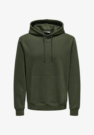 Olijfgroen hoodie met een kangoeroezak, verstelbare trekkoordcapuchon, ribgebreide cuffs en zoom. Gemaakt van zachte, gestructureerde stof.