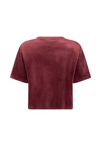 Korte mouwen, bordeauxrood top van zacht, gestructureerd stof. Beschikt over een losse pasvorm en een eenvoudige ronde halslijn, zonder zichtbare patronen of accenten.