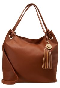 Brun læderhåndtaske med struktureret finish, dobbelte skulderremme, guldfarvet hardware og kvast detalje. Stor, rummelig model.